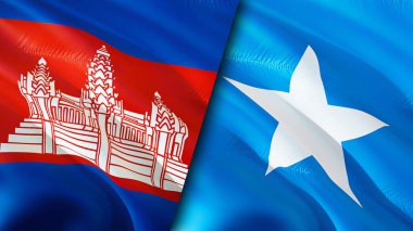 Kamboçya ve Somali bayrakları. 3 boyutlu dalgalanan bayrak tasarımı. Kamboçya Somali bayrağı, resim, duvar kağıdı. Kamboçya, Somali imajına karşı, 3 boyutlu canlandırma. Kamboçya Somali ilişkileri ittifak ve ticaret, seyahat, turnuva