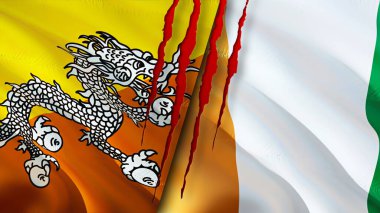 Bhutan ve Cote d 'Ivoire bayraklarında yara izi var. Dalgalanan bayrak, 3 boyutlu görüntüleme. Butan ve Cote d 'Ivoire çatışma konsepti. Butan Cote d 'Ivoire ilişki kavramı. Bhutan ve Cote d 'Ivoir bayrağı