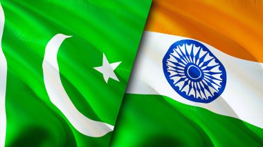 Pakistan ve Hindistan bayrakları. 3 boyutlu dalgalanan bayrak tasarımı. Pakistan bayrağı, resim, duvar kağıdı. Pakistan, Hindistan 'a karşı, görüntü 3 boyutlu. Pakistan ilişkileri ittifak ve ticaret, seyahat, turizm konsepti