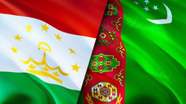 Tacikistan ve Türkmenistan bayrakları. 3 boyutlu dalgalanan bayrak tasarımı. Tacikistan Türkmenistan bayrağı, resim, duvar kağıdı. Tacikistan, Türkmenistan imajına karşı, 3 boyutlu canlandırma. Tacikistan Türkmenistan ilişkileri ittifak