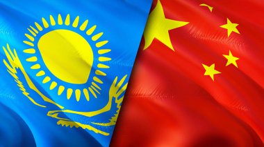 Kazakistan ve Çin bayrakları. 3 boyutlu dalgalanan bayrak tasarımı. Kazakistan Çin bayrağı, resim, duvar kağıdı. Kazakistan, Çin imajına karşı, 3 boyutlu görüntüleme. Kazakistan Çin ilişkileri ittifak ve ticaret, seyahat, turnuva