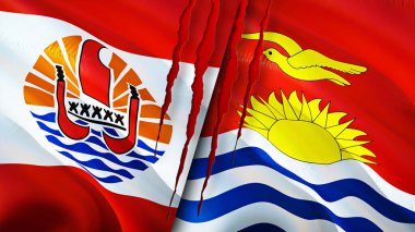 Fransız Polinezyası ve yara izi olan Kiribati bayrakları. Dalgalanan bayrak, 3 boyutlu görüntüleme. Fransız Polinezyası ve Kiribati çatışma konsepti. Fransız Polinezya Kiribati ilişkileri kavramı. Fransız Polynesi bayrağı