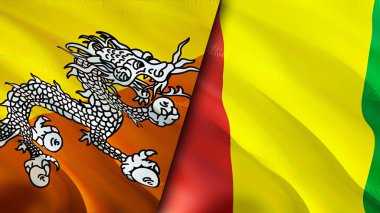 Butan ve Gine bayrakları. 3 boyutlu dalgalanan bayrak tasarımı. Bhutan Gine bayrağı, resim, duvar kağıdı. Bhutan vs Gine imajı, 3D görüntüleme. Bhutan Gine ilişkileri ittifak ve ticaret, seyahat, turizm konsepti