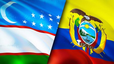 Özbekistan ve Ekvador bayrakları. 3 boyutlu dalgalanan bayrak tasarımı. Özbekistan Ekvador bayrağı, resim, duvar kağıdı. Özbekistan, Ekvador 'a karşı, 3D görüntüleme. Özbekistan Ekvador ilişkileri ittifakı a