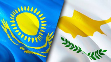 Kazakistan ve Kıbrıs bayrakları. 3 boyutlu dalgalanan bayrak tasarımı. Kazakistan Kıbrıs bayrağı, resim, duvar kağıdı. Kazakistan, Kıbrıs Rum Kesimi 'ne karşı, görüntü 3D. Kazakistan Kıbrıs Rum Kesimi ilişkileri ittifak ve ticaret, seyahat, turnuva