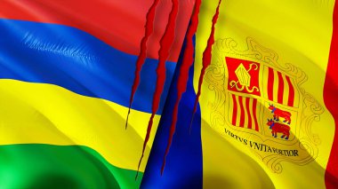 Mauritius ve Andorra yara izi olan bayraklar. Dalgalanan bayrak, 3 boyutlu görüntüleme. Mauritius ve Andorra çatışma konsepti. Mauritius Andorra ilişkileri kavramı. Mauritius bayrağı ve Andorra krizi, savaş, attac