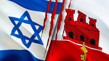 İsrail ve Cebelitarık bayrakları ve yara izi konsepti. Dalgalanan bayrak, 3 boyutlu görüntüleme. İsrail ve Cebelitarık çatışma konsepti. İsrail Cebelitarık ilişkileri kavramı. İsrail bayrağı ve Cebelitarık krizi, savaş, attac