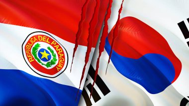 Paraguay ve Güney Kore bayrakları ve yara izi konsepti. Dalgalanan bayrak, 3 boyutlu görüntüleme. Paraguay ve Güney Kore çatışma konsepti. Paraguay Güney Kore ilişkileri kavramı. Paraguay ve Güney Kore bayrağı