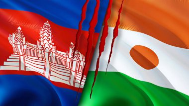 Yara izi olan Kamboçya ve Nijer bayrakları. Dalgalanan bayrak, 3 boyutlu görüntüleme. Kamboçya ve Nijer çatışma konsepti. Kamboçya Nijer İlişkileri. Kamboçya bayrağı ve Nijer krizi, savaş, saldırı konsepti