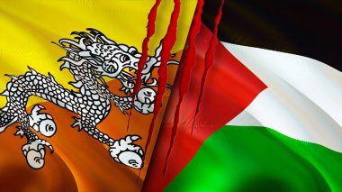 Bhutan ve Filistin bayrakları yara izi konseptiyle. Dalgalanan bayrak, 3 boyutlu görüntüleme. Butan ve Filistin çatışması konsepti. Butan Filistin ilişkileri kavramı. Bhutan ve Filistin bayrağı krizi, savaş, attac
