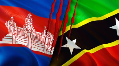 Kamboçya, Saint Kitts ve yara izi olan Nevis bayrakları. Dalgalanan bayrak, 3 boyutlu görüntüleme. Kamboçya, Saint Kitts ve Nevis çatışma konsepti. Kamboçya Saint Kitts ve Nevis ilişkileri kavramı. bayrak o
