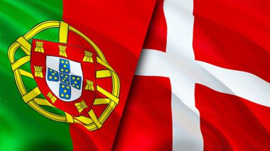 Portekiz ve Danimarka bayrakları. 3 boyutlu dalgalanan bayrak tasarımı. Portekiz Danimarka bayrağı, resim, duvar kağıdı. Portekiz, Danimarka 'ya karşı, görüntü 3 boyutlu. Portekiz Danimarka ilişkileri ittifak ve ticaret, seyahat, turnuva