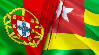 Portekiz ve Togo bayraklarında yara izi var. Dalgalanan bayrak, 3 boyutlu görüntüleme. Portekiz ve Togo çatışma konsepti. Portekiz Togo ilişkileri kavramı. Portekiz bayrağı ve Togo krizi, savaş, saldırı konsepti
