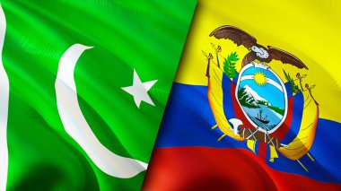 Pakistan ve Ekvador bayrakları. 3 boyutlu dalgalanan bayrak tasarımı. Pakistan Ekvador bayrağı, resim, duvar kağıdı. Pakistan Ekvador 'a karşı, görüntü 3 boyutlu. Pakistan Ekvador ilişkileri ittifak ve ticaret, seyahat, turnuva