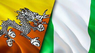 Butan ve Nijerya bayrakları. 3 boyutlu dalgalanan bayrak tasarımı. Butan Nijerya bayrağı, resim, duvar kağıdı. Butan, Nijerya imajına karşı, 3D görüntüleme. Butan Nijerya ilişkileri ittifak ve ticaret, seyahat, turizm konsepti