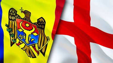 Moldova ve İngiltere bayrakları. 3 boyutlu dalgalanan bayrak tasarımı. Moldova İngiltere bayrağı, resim, duvar kağıdı. Moldova, İngiltere 'nin imajına karşı, 3D görüntüleme. Moldova İngiltere ilişkileri ittifak ve ticaret, seyahat, turizm konsepti