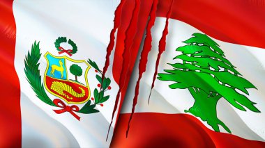 Yara izi olan Peru ve Lübnan bayrakları. Dalgalanan bayrak, 3 boyutlu görüntüleme. Peru ve Lübnan çatışma konsepti. Peru Lübnan ilişkileri kavramı. Peru ve Lübnan bayrağı krizi, savaş, saldırı konsepti