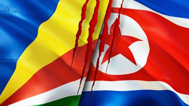 Seyşeller ve yara izi olan Kuzey Kore bayrakları. Dalgalanan bayrak, 3 boyutlu görüntüleme. Seyşeller ve Kuzey Kore çatışma konsepti. Seyşeller Kuzey Kore ilişkileri kavramı. Seyşeller ve Nort bayrağı