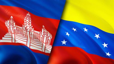 Kamboçya ve Venezuela bayrakları. 3 boyutlu dalgalanan bayrak tasarımı. Kamboçya Venezuela bayrağı, resim, duvar kağıdı. Kamboçya, Venezuela 'ya karşı. Görüntü 3 boyutlu. Kamboçya Venezuela ilişkileri