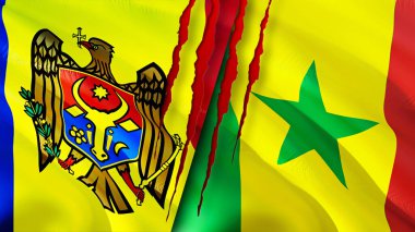 Yara izi olan Moldova ve Senegal bayrakları. Dalgalanan bayrak, 3 boyutlu görüntüleme. Moldova ve Senegal çatışma konsepti. Moldova Senegal ilişkileri kavramı. Moldova bayrağı ve Senegal krizi, savaş, saldırı konsepti