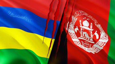 Mauritius ve Afganistan bayrakları yara izi konseptiyle. Dalgalanan bayrak, 3 boyutlu görüntüleme. Mauritius ve Afganistan çatışma konsepti. Mauritius Afganistan ilişkileri kavramı. Mauritius ve Afganistanın bayrağı