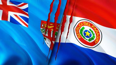 Fiji ve Paraguay bayrakları ve yara izi konsepti. Dalgalanan bayrak, 3 boyutlu görüntüleme. Fiji ve Paraguay çatışma konsepti. Fiji Paraguay ilişkileri kavramı. Fiji ve Paraguay bayrağı kriz, savaş, saldırı konsepti