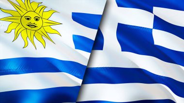 Uruguay ve Yunanistan bayrakları. 3 boyutlu dalgalanan bayrak tasarımı. Uruguay Yunanistan bayrağı, resim, duvar kağıdı. Uruguay Yunanistan 'a karşı, görüntü 3D. Uruguay Yunanistan ilişkileri ittifak ve ticaret, seyahat, turizm konsepti
