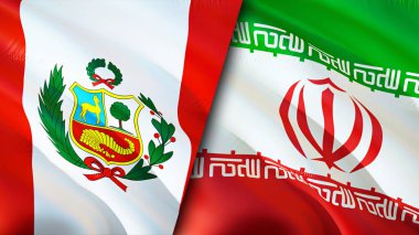 Peru ve İran bayrakları. 3 boyutlu dalgalanan bayrak tasarımı. Peru İran bayrağı, resim, duvar kağıdı. Peru, İran 'a karşı, görüntü 3 boyutlu. Peru İran ilişkileri ittifak ve ticaret, seyahat, turizm konsepti
