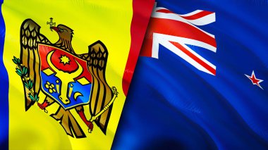 Moldova ve Yeni Zelanda bayrakları. 3 boyutlu dalgalanan bayrak tasarımı. Moldova Yeni Zelanda bayrağı, resim, duvar kağıdı. Moldova, Yeni Zelanda 'ya karşı, görüntü 3 boyutlu. Moldova Yeni Zelanda ilişkileri bir ittifak