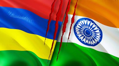 Mauritius ve Hindistan yara izi olan bayraklar. Dalgalanan bayrak, 3 boyutlu görüntüleme. Mauritius ve Hindistan çatışma konsepti. Mauritius Hindistan ilişkileri kavramı. Mauritius bayrağı ve Hindistan krizi, savaş, saldırı konsepti