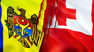 Yara izi olan Moldova ve Tonga bayrakları. Dalgalanan bayrak, 3 boyutlu görüntüleme. Moldova ve Tonga çatışma konsepti. Moldova Tonga ilişkileri kavramı. Moldova bayrağı ve Tonga krizi, savaş, saldırı konsepti