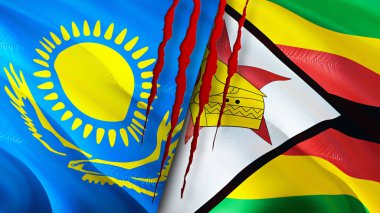 Kazakistan ve Zimbabwe yara izi olan bayraklar. Dalgalanan bayrak, 3 boyutlu görüntüleme. Kazakistan ve Zimbabwe çatışma konsepti. Kazakistan Zimbabve ilişkileri kavramı. Kazakistan ve Zimbabw bayrağı