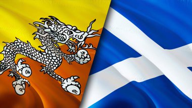 Butan ve İskoçya bayrakları. 3 boyutlu dalgalanan bayrak tasarımı. Butan İskoçya bayrağı, resim, duvar kağıdı. Butan, İskoçya imajına karşı, 3D görüntüleme. Butan İskoçya ilişkileri ittifak ve ticaret, seyahat, turizm konsepti