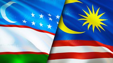 Uzbekistan and Malaysia flags. 3D Waving flag design. Uzbekistan Malaysia flag, picture, wallpaper. Uzbekistan vs Malaysia image,3D rendering. Uzbekistan Malaysia relations alliance an