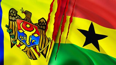 Moldova and Ghana flags with scar concept. Waving flag,3D rendering. Moldova and Ghana conflict concept. Moldova Ghana relations concept. flag of Moldova and Ghana crisis,war, attack concep