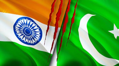India and Pakistan flags with scar concept. Waving flag,3D rendering. India and Pakistan conflict concept. India Pakistan relations concept. flag of India and Pakistan crisis,war, attack concep