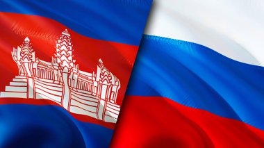 Cambodia and Russia flags. 3D Waving flag design. Cambodia Russia flag, picture, wallpaper. Cambodia vs Russia image,3D rendering. Cambodia Russia relations alliance and Trade,travel,tourism concep