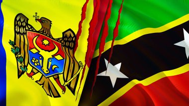 Moldova, Saint Kitts ve yara izi olan Nevis bayrakları. Dalgalanan bayrak, 3 boyutlu görüntüleme. Moldova ve Saint Kitts ve Nevis çatışma konsepti. Moldova Saint Kitts ve Nevis ilişkileri kavramı. bayrak o