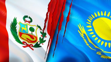 Peru ve Kazakistan yara izi olan bayraklar. Dalgalanan bayrak, 3 boyutlu görüntüleme. Peru ve Kazakistan çatışma konsepti. Peru Kazakistan ilişkileri kavramı. Peru ve Kazakistan bayrağı krizi, savaş, saldırı konsepti