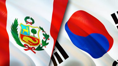 Peru ve Güney Kore bayrakları. 3 boyutlu dalgalanan bayrak tasarımı. Peru Güney Kore bayrağı, resim, duvar kağıdı. Peru, Güney Kore 'ye karşı, görüntü 3 boyutlu. Peru Güney Kore ilişkileri ittifak ve ticaret, seyahat, turnuva