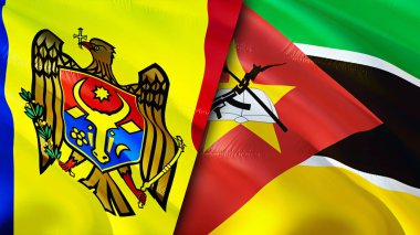 Moldova ve Mozambik bayrakları. 3 boyutlu dalgalanan bayrak tasarımı. Moldova Mozambik bayrağı, resim, duvar kağıdı. Moldova, Mozambik imajına karşı, 3D görüntüleme. Moldova Mozambik ilişkileri bir ittifak