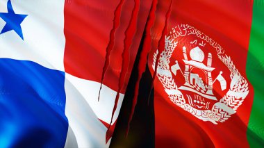Panama ve Afganistan bayraklarında yara izi var. Dalgalanan bayrak, 3 boyutlu görüntüleme. Panama ve Afganistan çatışma konsepti. Panama Afganistan ilişkileri kavramı. Panama ve Afganistan bayrağı krizi, savaş