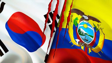 Güney Kore ve Ekvador bayraklarında yara izi var. Dalgalanan bayrak, 3 boyutlu görüntüleme. Güney Kore ve Ekvador çatışması kavramı. Güney Kore Ekvador ilişkileri kavramı. Güney Kore ve Ekvadonun bayrağı