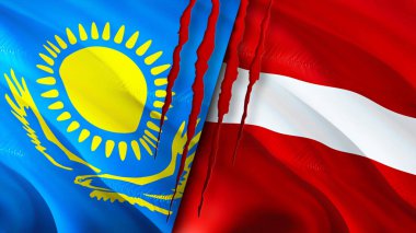 Yara izi olan Kazakistan ve Letonya bayrakları. Dalgalanan bayrak, 3 boyutlu görüntüleme. Kazakistan ve Letonya çatışma konsepti. Kazakistan Letonya ilişkileri kavramı. Kazakistan ve Letonya bayrağı krizi, savaş, attac