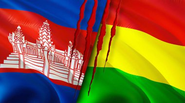 Kamboçya ve yara izi olan Bolivya bayrakları. Dalgalanan bayrak, 3 boyutlu görüntüleme. Kamboçya ve Bolivya çatışma konsepti. Kamboçya Bolivya ilişkileri kavramı. Kamboçya bayrağı ve Bolivya krizi, savaş, attac