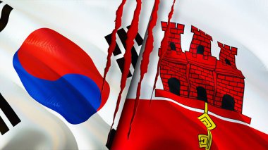 Güney Kore ve Cebelitarık bayraklarında yara izi var. Dalgalanan bayrak, 3 boyutlu görüntüleme. Güney Kore ve Cebelitarık çatışma konsepti. Güney Kore Cebelitarık ilişkileri kavramı. Güney Kore ve Gibralta bayrağı