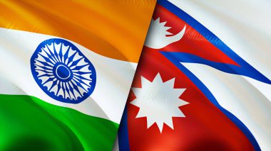 Hindistan ve Nepal bayrakları. 3 boyutlu dalgalanan bayrak tasarımı. Hindistan Nepal bayrağı, resim, duvar kağıdı. Hindistan, Nepal imajına karşı, 3D görüntüleme. Hindistan Nepal ilişkileri ittifak ve ticaret, seyahat, turizm konsepti