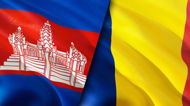 Kamboçya ve Çad bayrakları. 3 boyutlu dalgalanan bayrak tasarımı. Kamboçya Çad bayrağı, resim, duvar kağıdı. Kamboçya, Chad 'e karşı imajı, 3 boyutlu canlandırma. Kamboçya Çad ilişkileri ittifak ve ticaret, seyahat, turizm konsepti