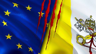 Yara izi olan Avrupa Birliği ve Vatikan bayrakları. Dalgalanan bayrak, 3 boyutlu görüntüleme. Avrupa Birliği ve Vatikan çatışma konsepti. Avrupa Birliği Vatikan ilişkileri kavramı. Avrupa Birliği bayrağı