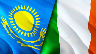 Kazakistan ve İrlanda bayrakları. 3 boyutlu dalgalanan bayrak tasarımı. Kazakistan İrlanda bayrağı, resim, duvar kağıdı. Kazakistan, İrlanda imajına karşı, 3D görüntüleme. Kazakistan İrlanda ilişkileri ve